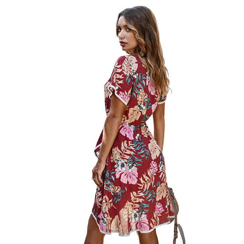 Boho Floral Print Summer Dress Women Sexy V Neck Short Sleeve Ruffle Beach Lace Decor A Line Midi Sundress Robe Femme 210526