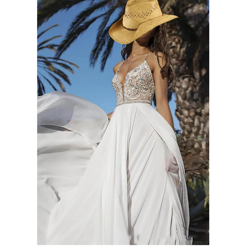 2021 Boho Wedding Dresses Sexy Side Slit Beach Bride Dress Spaghetti Straps Weeding Gowns Vestido De