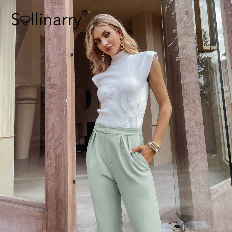 Sollinarry Autumn Casual Long Skinny Women Pants Bow Mid Waist Pocket Female Pants Straight Solid Green Pleated Ladies Bottoms 210709