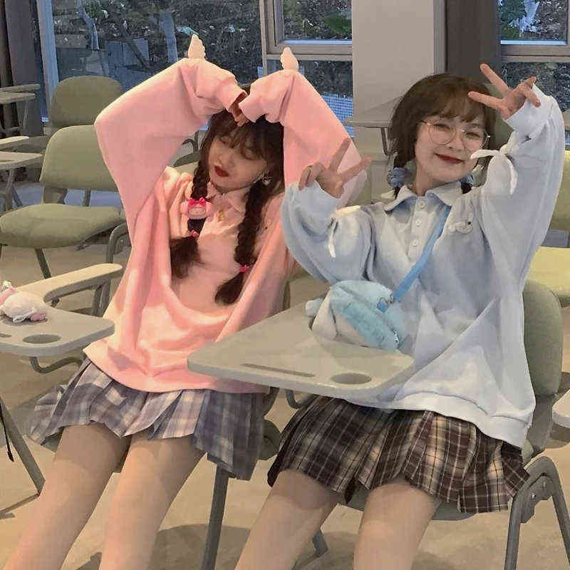 QWEEK Kawaii Hoodies for Girls Anime Polo Sweatshirt Women Long Sleeve Pink Pullovers Harajuku Sportswear Kpop Soft Cute Tops 211108
