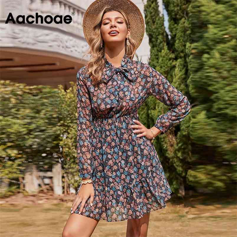 Aachoae Women's Floral Dress Bow Tie Neck Vintage Pleated See Through Sleeve Print Mini Casual Sundress Vestidos 210623