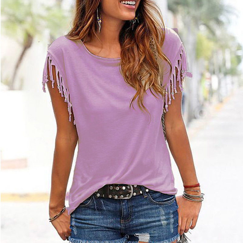 Solid Oneck Tassel Short Sleeve Women's TShirt White Black Red Loose Tshirts Womens Summer Spring Chic Tshirt Tops Women T200614