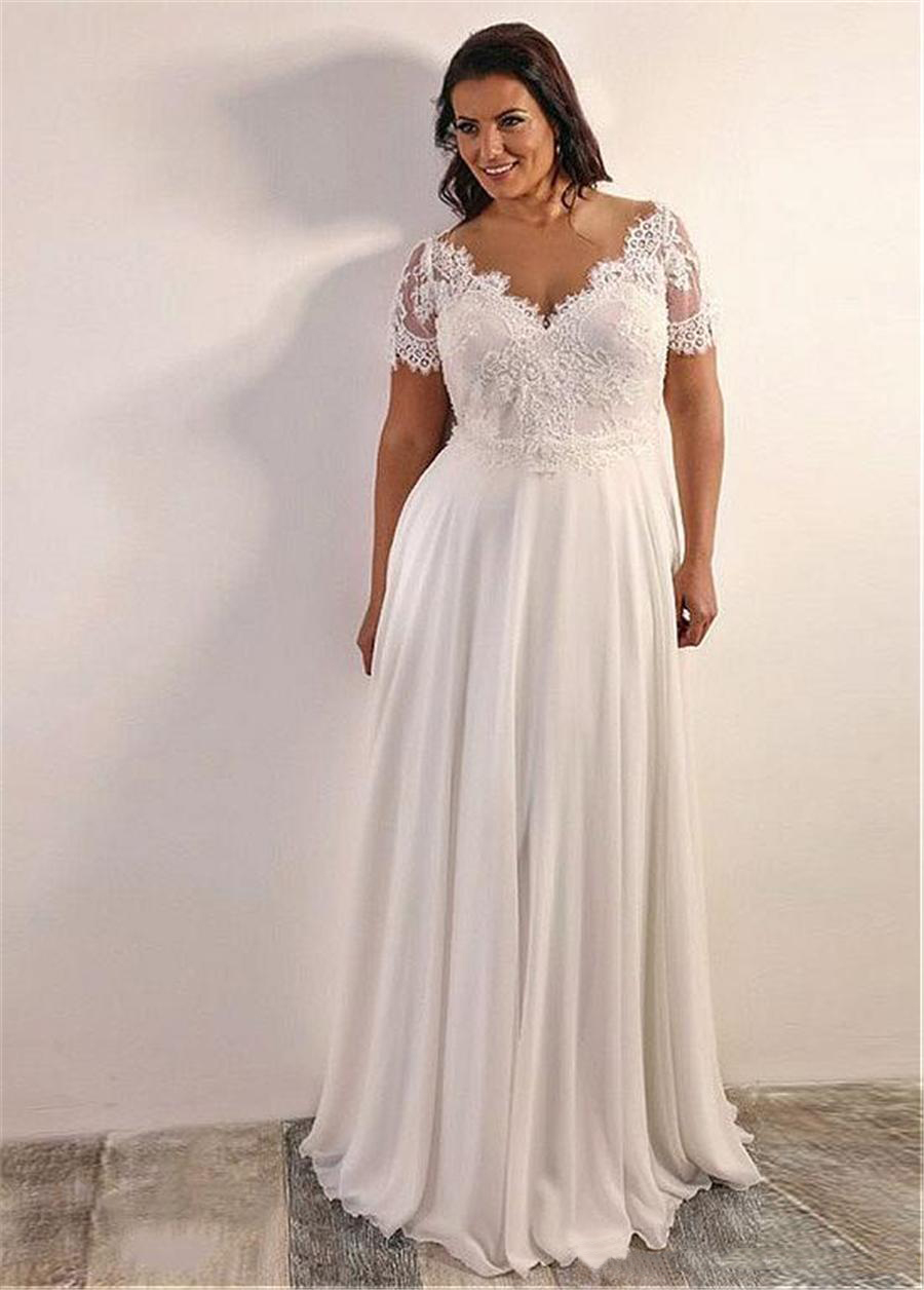 Plus Size Chiffon Wedding Dresses 2021 Sheer Neck Lace Top Short Sleeves Appliques Custom Beach Bridal Gowns Bride Dress Vestidos De Novia 0509