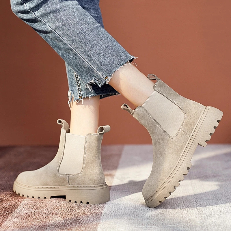 

Woman Boot Chelsea Boots Chunky Boots Women Winter Shoes Cow Suede Ankle Boots Black Female Autumn Fashion Platform Booties, Beige
