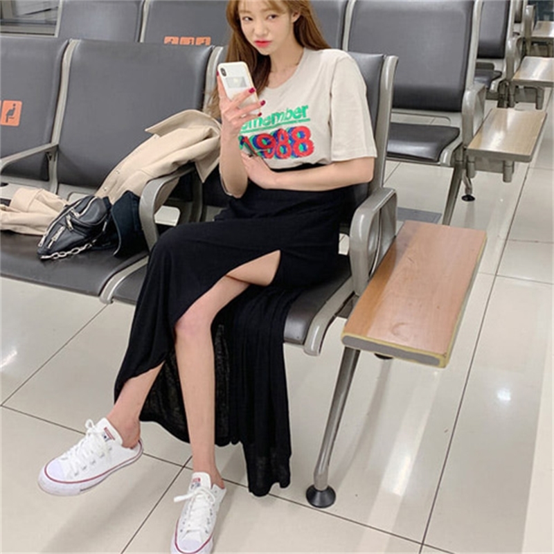 cotton High Waist Split Side Black Skirt Women Sexy Long Solid Skirts Womens Summer Skirt Girls High Waist Straight 210306