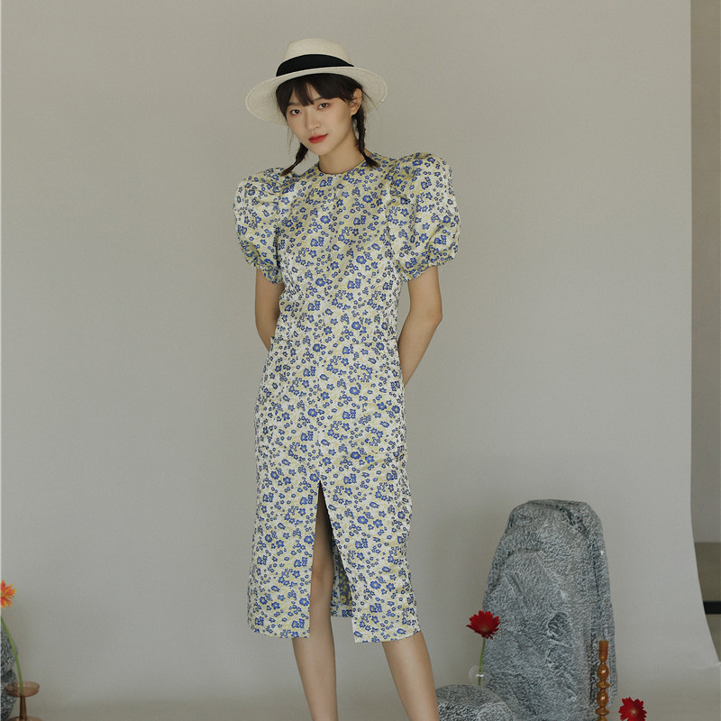 Women Printing Split Fork Dress Arrivals Round Neck Short Sleeve Loose Fit Fashion Summer 2E1640 210526