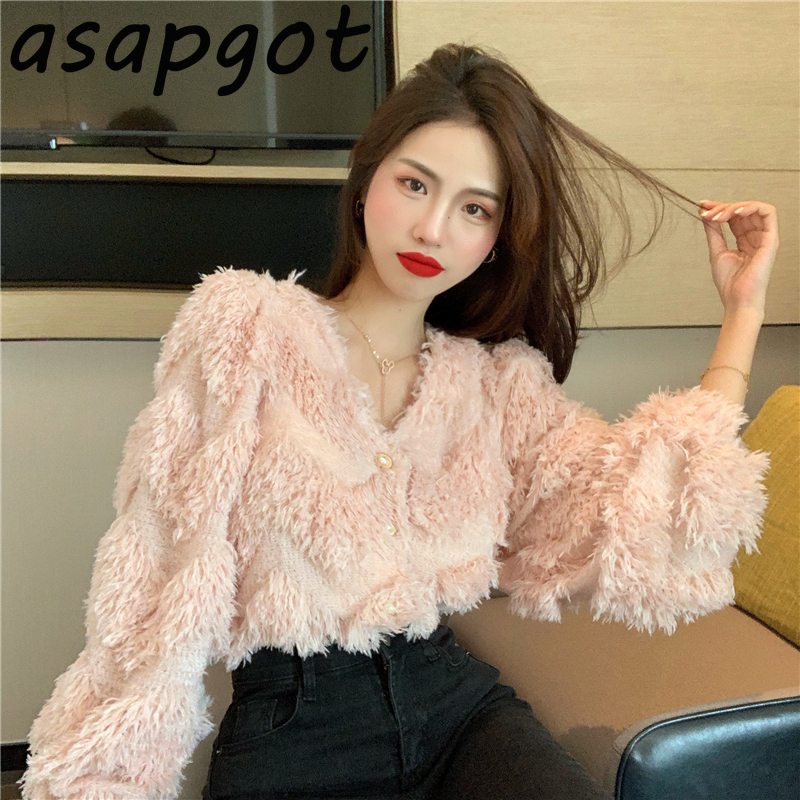 Asapgot Fashion Chic Korea Plush V-neck Tassel Sweaters Coat Autumn Winter New Thick Wild Pink Long-sleeved Cardigan Top Sweet 210218