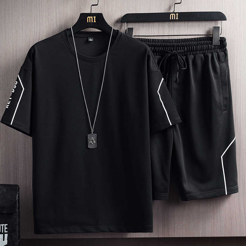Men Casual Set Fashion 2 PIECE Sweatsuit Striped Short Sleeve T-shirt+Shorts Sets Mens Sportswear Tracksuit Summer Suit 5XL 210603