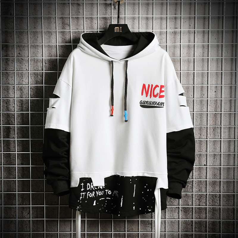 Oversized Ripped Patchwork Hoodies Men Hip Hop Streetwear Hoodie Mens Harajuku Hooded Sweatshirt Fashion Men Tops 201126