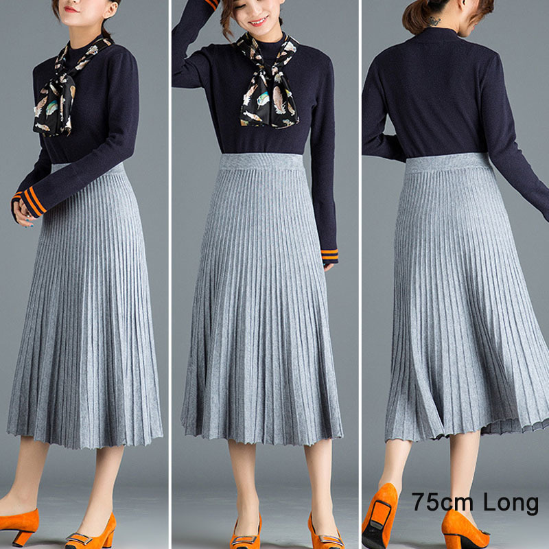 SETWIGG Womens Autumn Draped Rib Pleated Long Knitted Skirt Elegant Winter Wool Blend Aline Long Knit Skirt Elastic Waist 210306