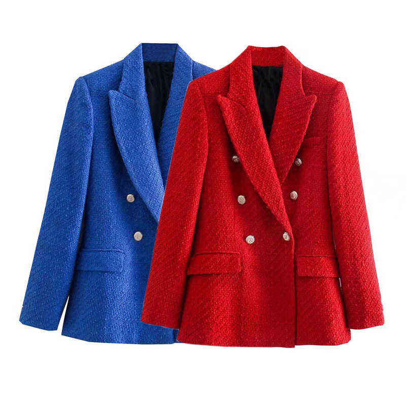 TRAF Woman Blazer Za Blue Women Tweed Jacket Long Sleeve Double Breasted Red Vintage Office Elegant 211122
