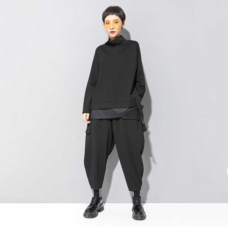 [EAM] Loose Fit Asymmetrical Oversized Sweatshirt High Collar Long Sleeve Women Big Size Fashion Spring Autumn 19A-a124 210910