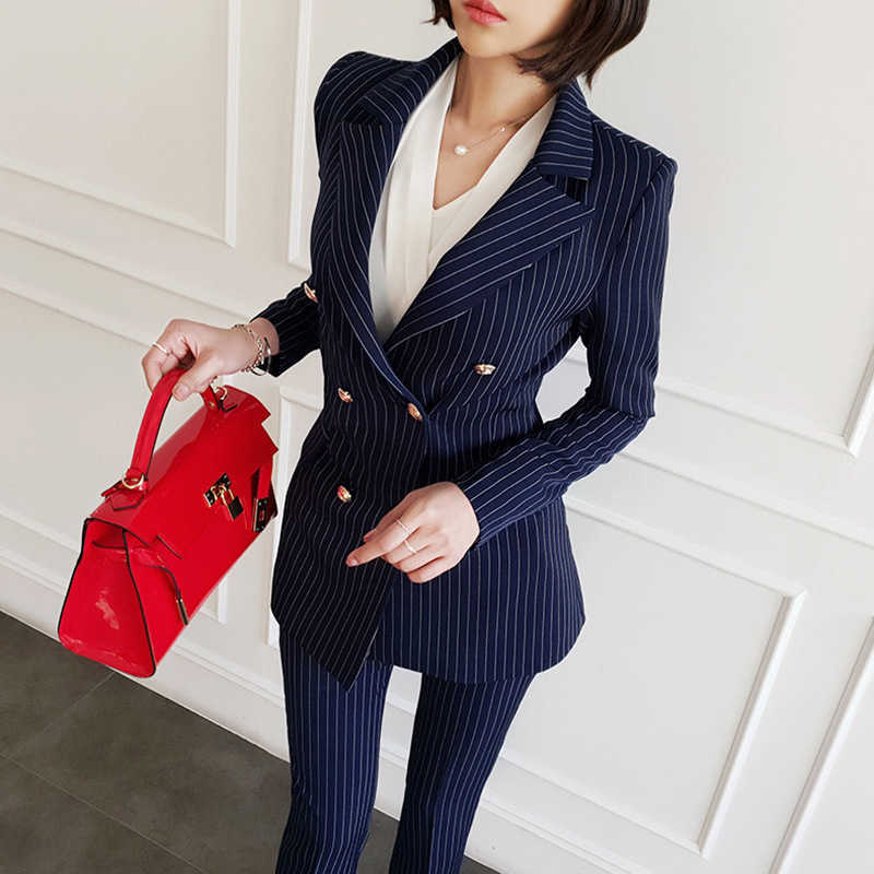 autumn women's suits pants High quality vintage slim striped long sleeve professional small Casual trousers 210527, Blue
autumn women's suits pants High quality vintage slim striped long sleeve professional small Casual trousers 210527, Blue