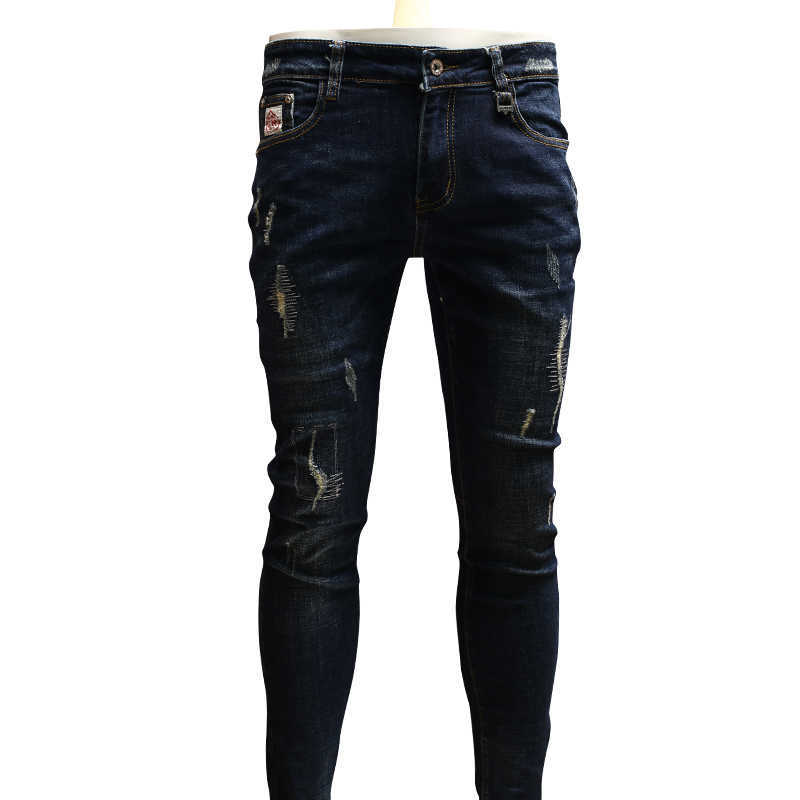 Fashion Skinny Ripped Blue Jeans Men Quality Cotton Streetwear Slim Fit Straight Stretch Denim Pants 211009