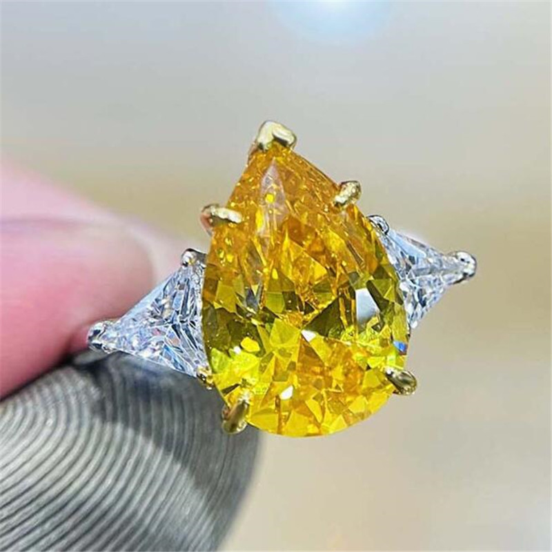 Brand Wedding Rings Luxury Jewelry Designer Real 925 Sterling Silver Dove Egg Large Yellow Topaz CZ Diamond Water Drop Zircon Women Engagement Band Ri