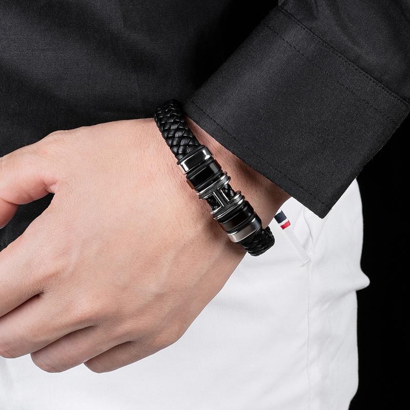 Charm Bracelets Fashion Punk Men Bracelet Braided Leather Hand Bangles Stainless Steel Letter H Magnetic Clasp Wristband Party Jewelry Gift