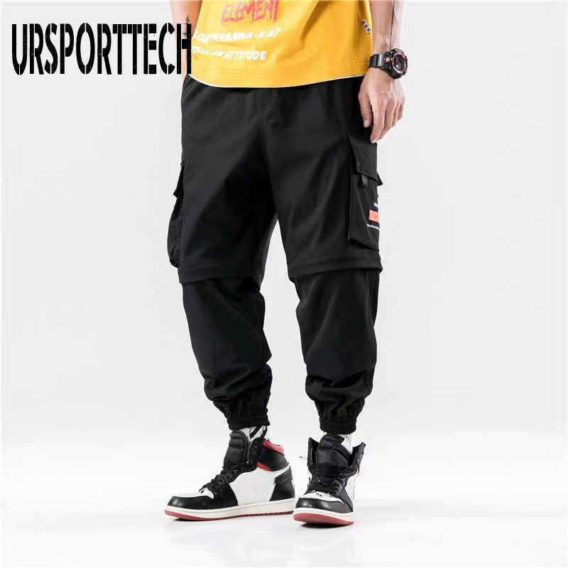 Korean Hip Hop Mens Jogger Pants Men Spring Casual Detachable Zip Short Pants Baggy Cargo Pants Men Streetwear 3 Colors 210528