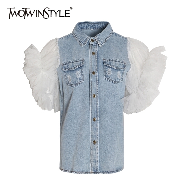 TWOTWINSTYLE Ruffles Denim Patchwork Women's Jacket Lapel Collar Puff Sleeve Summer Long Coats Female Y201006
