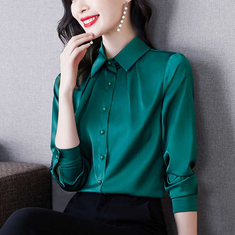 Korean Fashion Silk Women Blouses Office Lady Shirts Satin Long Sleeve Womens Tops and Plus Size XXXL Blusas Largas 210531