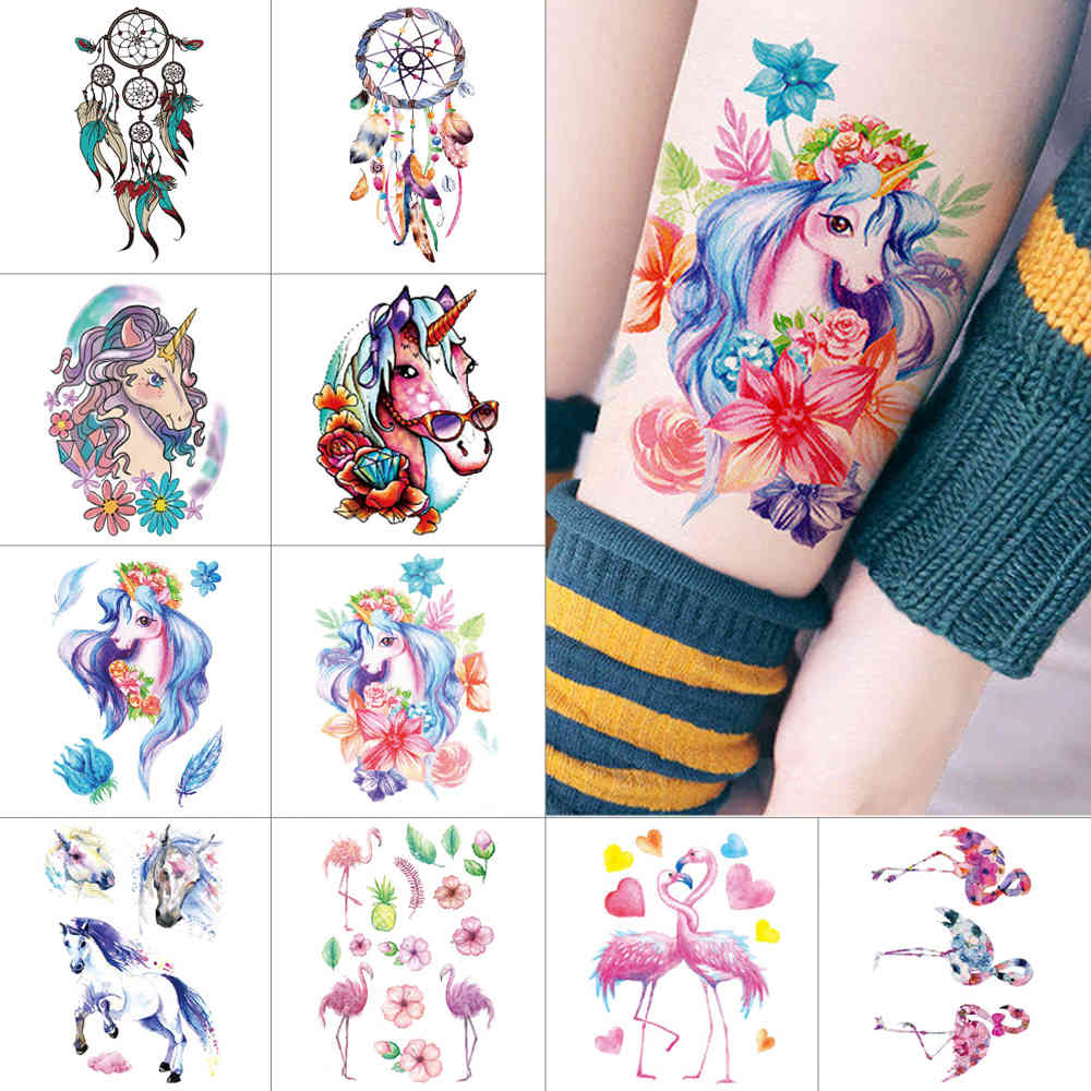 

Watercolor waterproof stickers Flamingo temporary flower Unicorn fake Dreamcatcher Feather tattoo