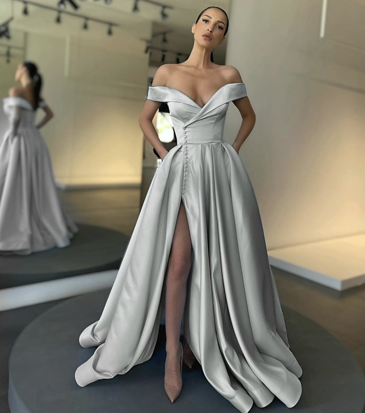 Burgundy Evening Dresses Prom Gowns Formal For Women Party Dinner Date Off Shoulder Side Split Buttons Satin Pink Custom Made