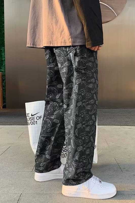 Cashew flower black jeans men's straight tube loose spring and autumn summer Korean fashion men's baggy pants denim trousers 211009