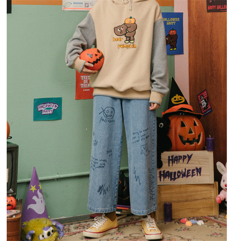 Cartoon Graffiti Women's Cute Jeans Wide Leg Autumn Winter Straight Capris Loose Denim Pants Female Student Jeans Pants Women 210302