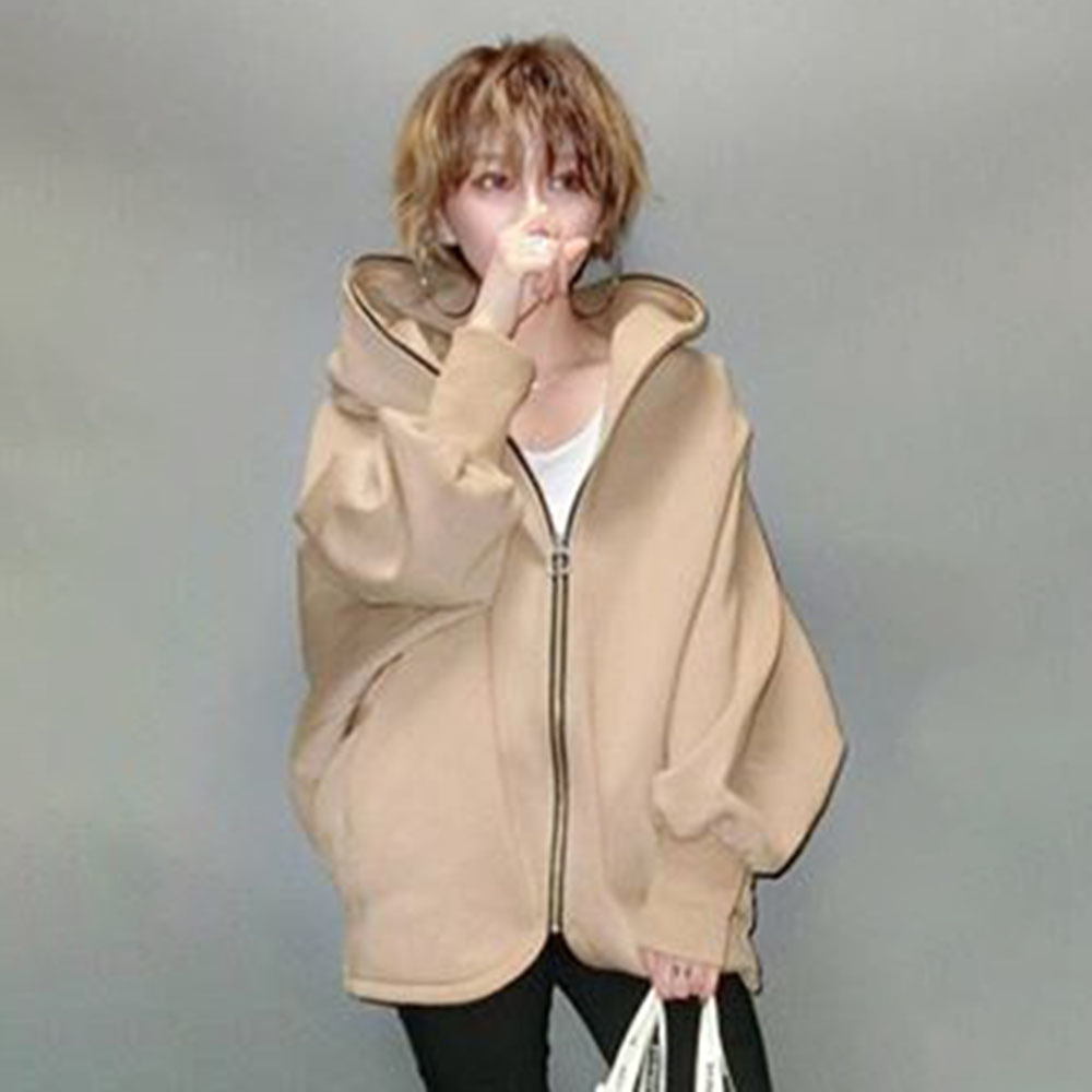 Spring Casual Women Harajuku Hoodies Sweatshirt Coat Zip Up Outerwear Hooded Jacket Plus Size Outwear Tops Simple Brown 201216