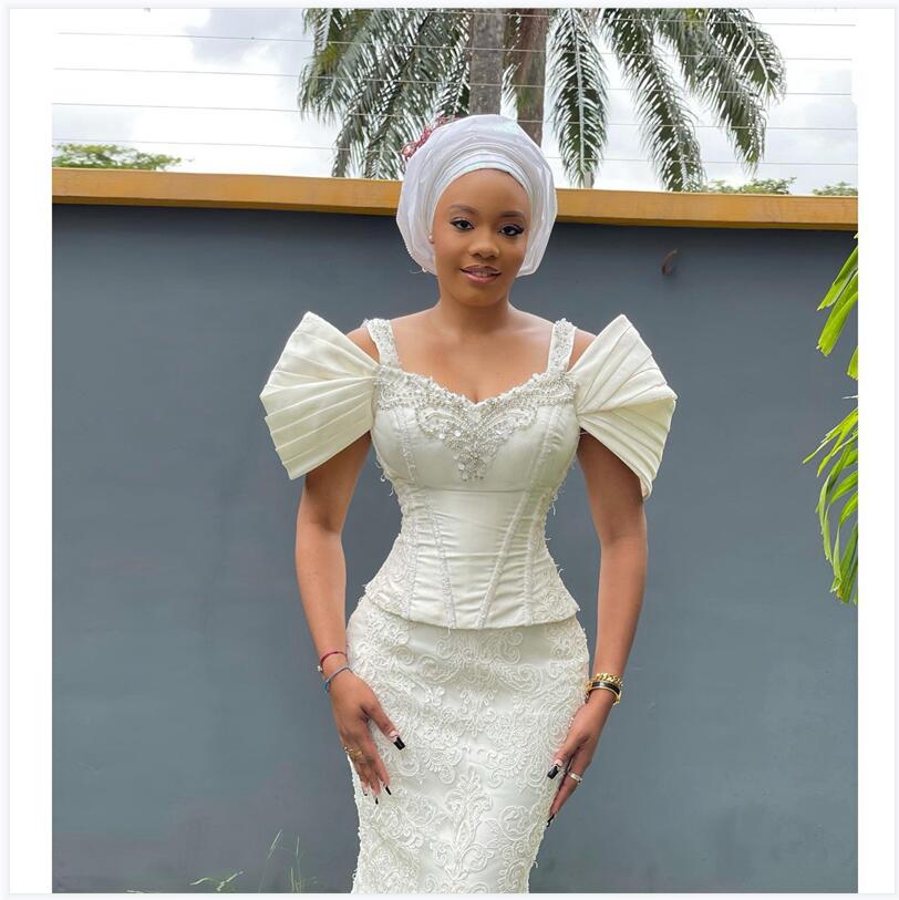 2 Pieces Aso Ebi Arabic Mermaid Evening Dresses Lace Appliques Beads Party Gowns Short Sleeves Women Prom Dress Middle East Floor Length Robe De Sorie