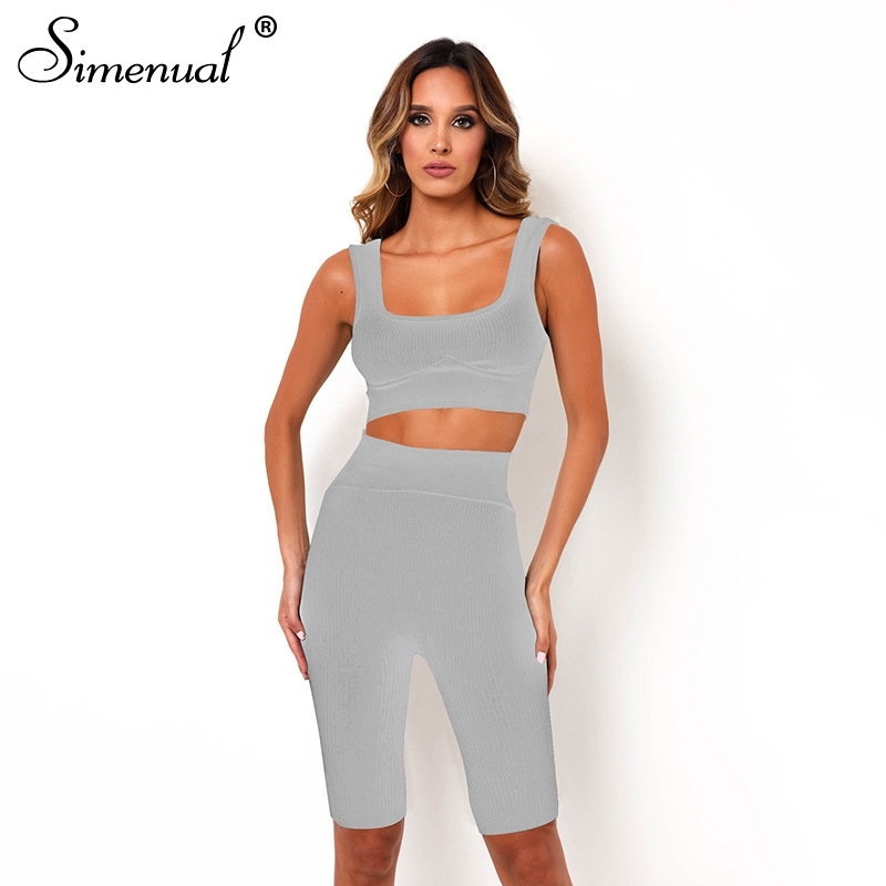 Simenual Bodycon Solid Ribbed Matching Sets Women Sleeveless Active Wear Sporty Two Piece Outfits Crop Top And Biker Shorts Set T200607