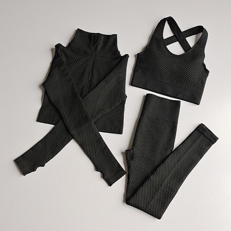 Women Seamless Yoga Set Sport Fitness Clothes Yoga Pants Sports Bra Full Zip Crop Top Long Sleeve Workout Clothing Gym Set, Black 3 pcs set 
Women Seamless Yoga Set Sport Fitness Clothes Yoga Pants Sports Bra Full Zip Crop Top Long Sleeve Workout Clothing Gym Set, Black 3 pcs set
