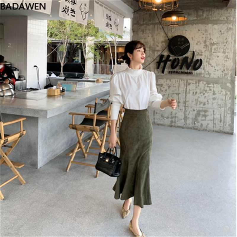 New Fashion Women Long Skirts Vintage Mermaid High Waist Solid Color Package Hip Slim Tight Fishtail Office Lady for Winter 210309