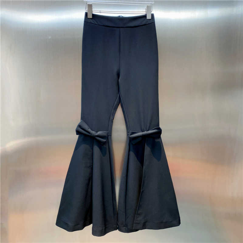 DEAT Women High Waist Elasticity Split Bow Flare Pants Arrivals Temperamnet Fashion All Match Spring Summer 11D989 210709