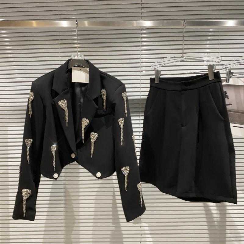 DEAT Women Tassel Chain Long Sleeve Suit Half Straight Pants Two Piece Set Fashion Spring Summer 11B060 210709