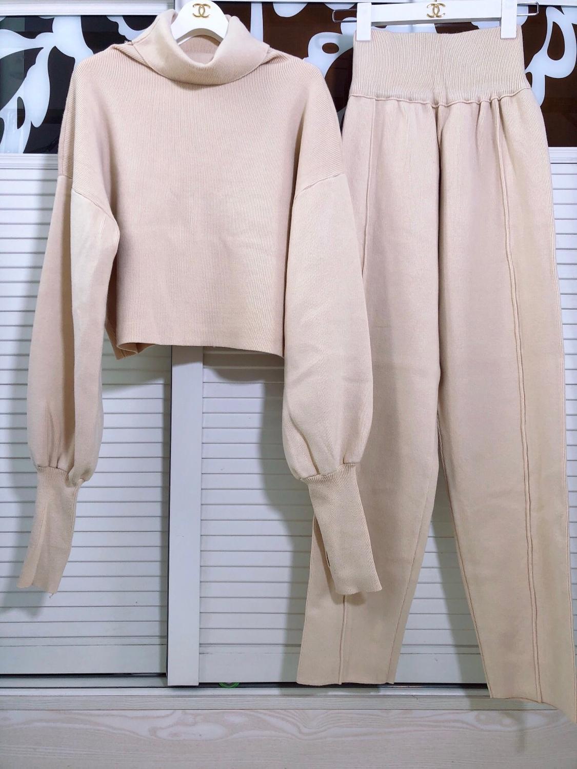 Summer Turtleneck Sweater 2 Pieces Ladies Setchic Knitted Pullover + Pants Casual Set 210525