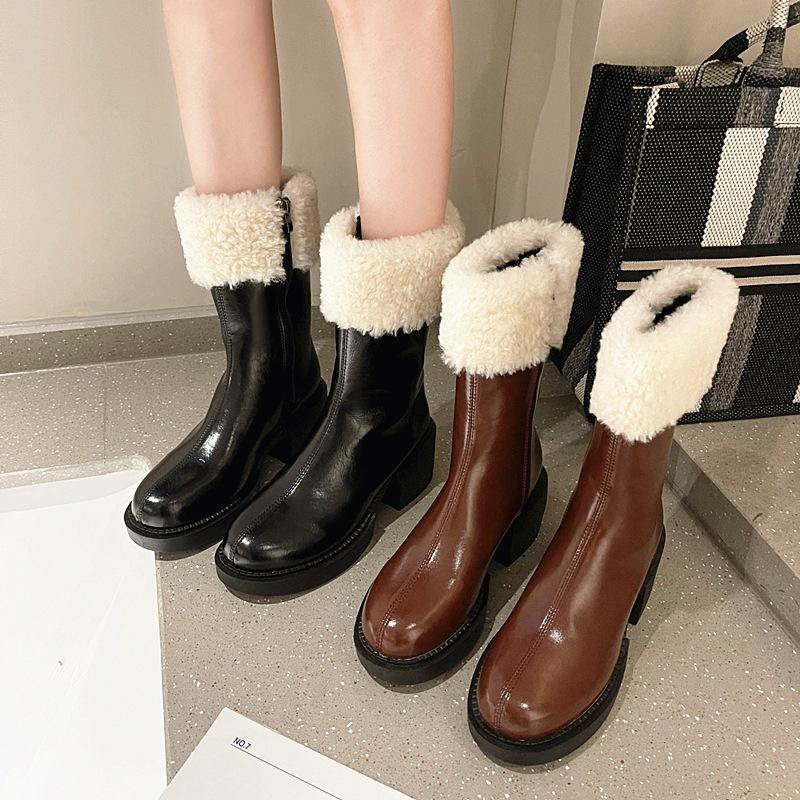 Boots Women 2021 Zipper Plush Winter Footwear Female Shoes Round Toe Fur Med Rock Rubber Mid Calf Mid-Calf Ladies Solid Mid-