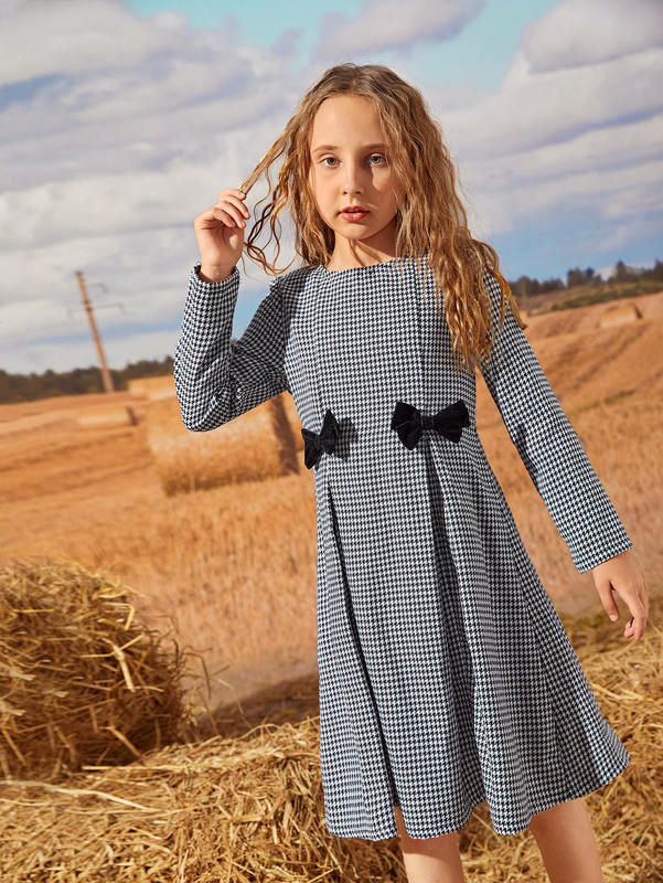 Girls Bow Detail Fold Pleated Houndstooth Dress SHE