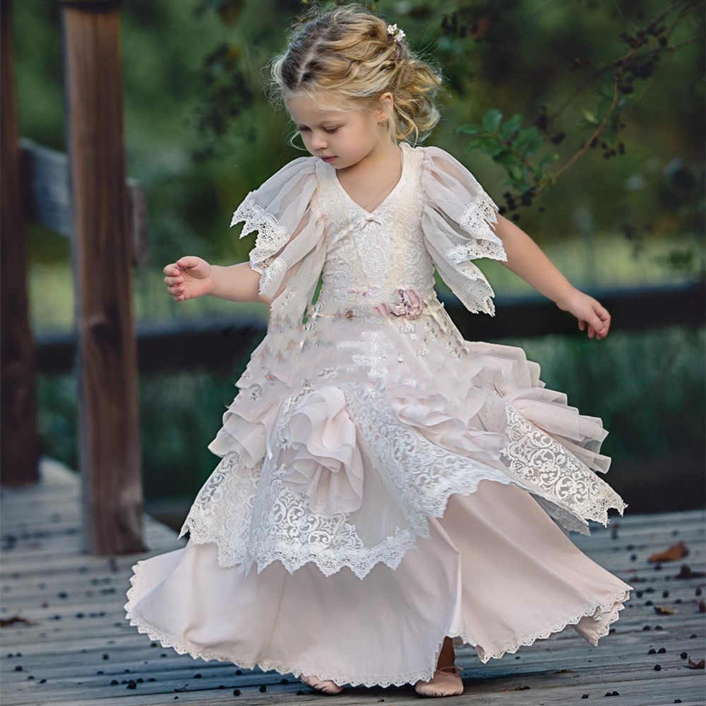 Cute Girls Pageant Dresses Lace Appliques Jewel Party Gown Flower Girl Dress Short Sleeves Colorful Formal First Communion Dresses