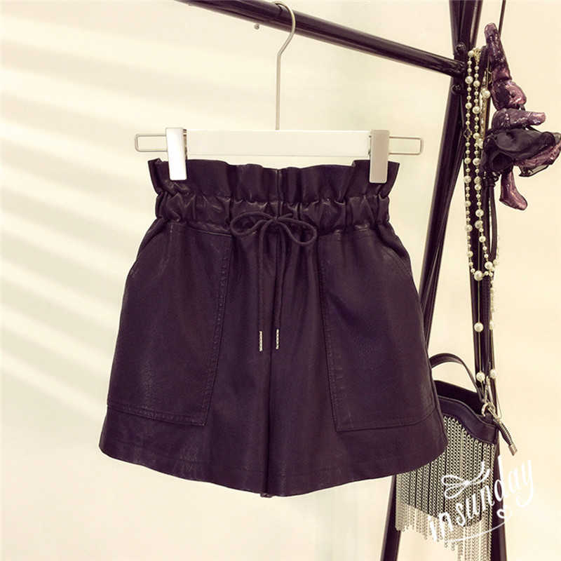 Spring Korean Style Female Sexy Leather Shorts High Waist Loose Wide Leg Short Femme Elastic Waist Belt 210611