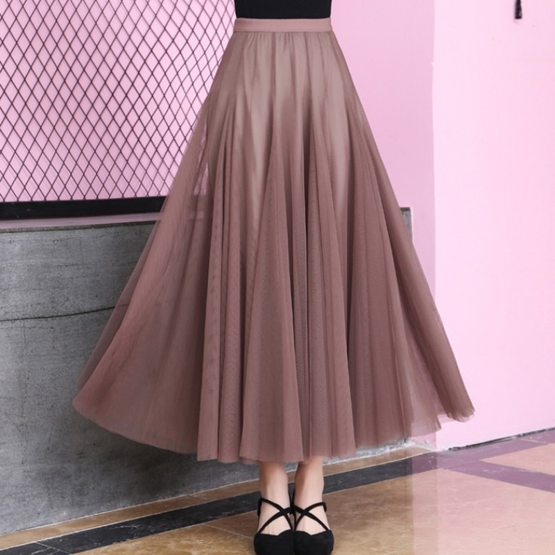 Tulle Skirt Mesh Elastic Tutu Spring Summer Korean High Waist Kpop Fashion Pleated Long Black/Khaki 210621