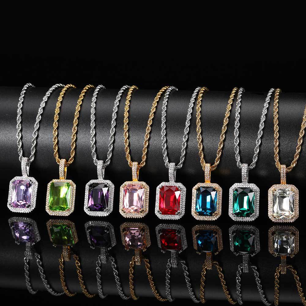 Colorful Square Gemstone Pendants TopBling Full Cubic Zirconia Choker Chain Necklaces for Women Men Hip Hop Jewelry