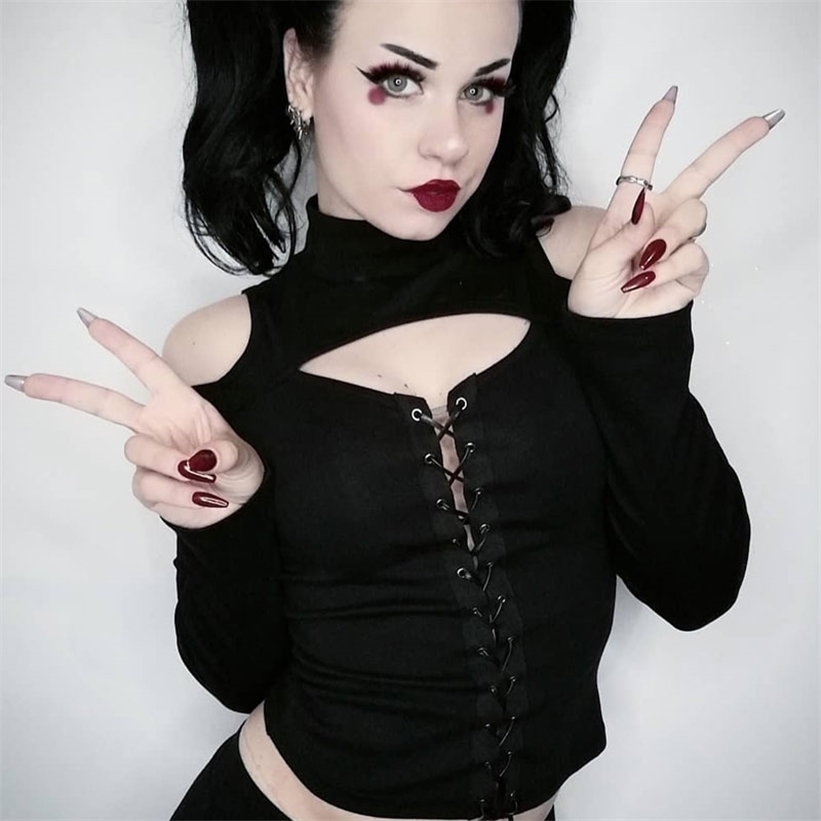 InsGoth Vintage Sexy Lace Up Black Hoodies Gothic Off Shoulder Bodycon Long Sleeve Hoodies Women Dark Harajuku Turtleneck Tops 201217
