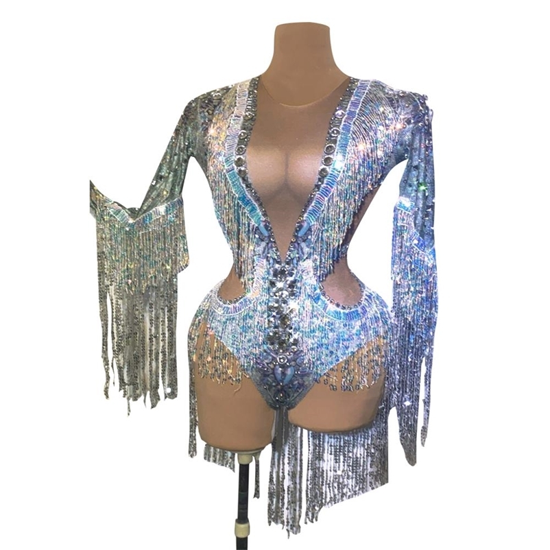 Sparkling Silver Sequin Tassel Party Bodysuit Women Stretch Dance Fringes Jumpsuit Club Bar Singer Leotard Stage Wear 210728