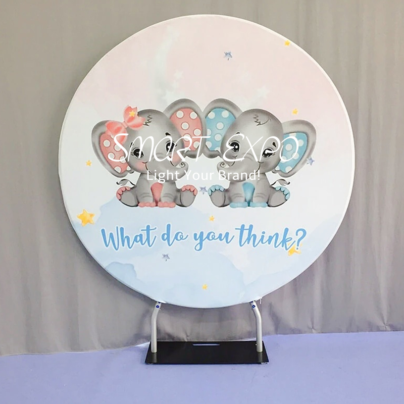 Retail Supplies Birthday Party Backdrop Event Decoration Wall Display with Circle Fabric Graphic Steel Base and Portable Carry Bag