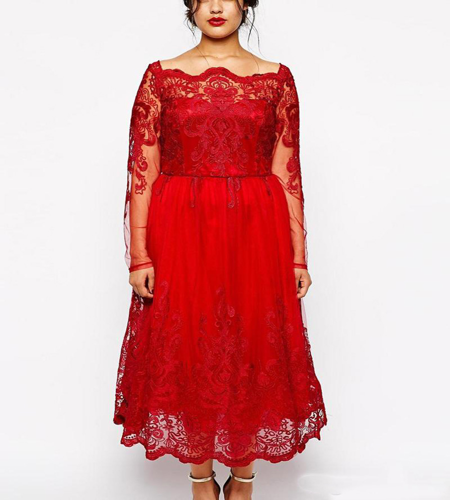 Stunning Red Plus Size Evening Dresses Sleeves Square Neckline Lace Appliqued A-Line Prom Gowns Tulle Tea-Length Formal Dress Siyah Abiye