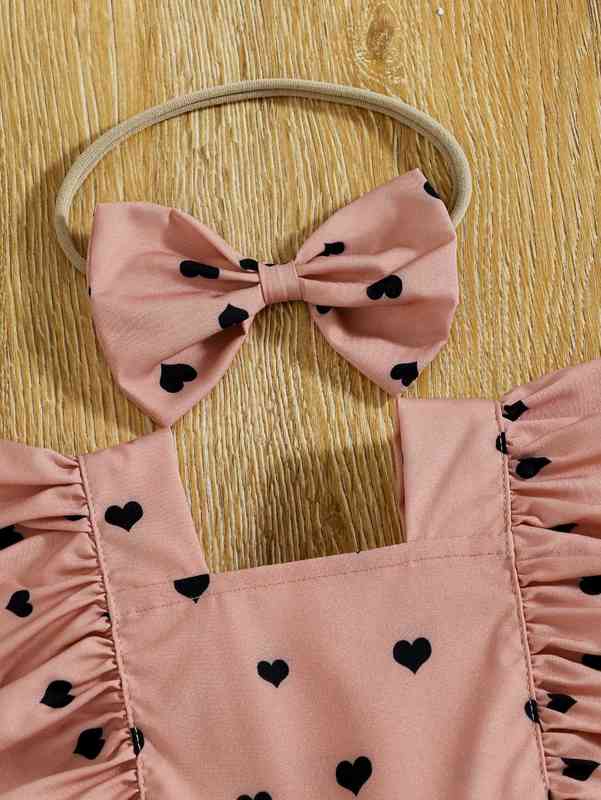 Baby Heart Print Ruffle Trim Combo Bodysuit Dress & Headband SHE