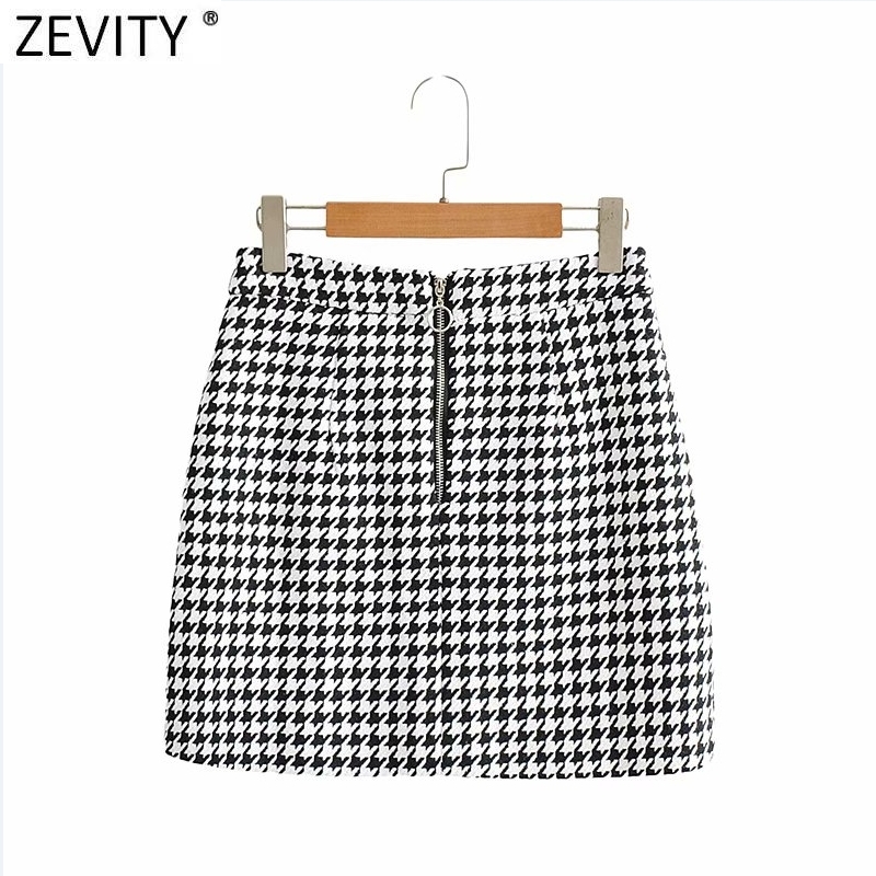 Zevity New Women Vintage Houndstooth Plaid Print Casual Slim Pencil Skirt Faldas Mujer Female Back Zipper Chic Vestidos QUN707 210309