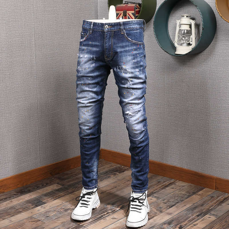 Italian Style Fashion Men Jeans High Quality Elastic Slim Fit Painted Designer Ripped Denim Pants Streetwear Hip Hop Trousers, Blue
Italian Style Fashion Men Jeans High Quality Elastic Slim Fit Painted Designer Ripped Denim Pants Streetwear Hip Hop Trousers, Blue