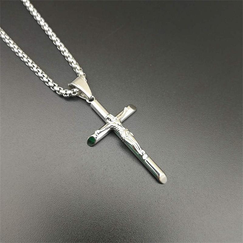 Pendant Necklaces Men Boys Jesus Cross Necklace Stainless Steel Gold Silver Color Box Chain Religious Christian Jewelry Gifts