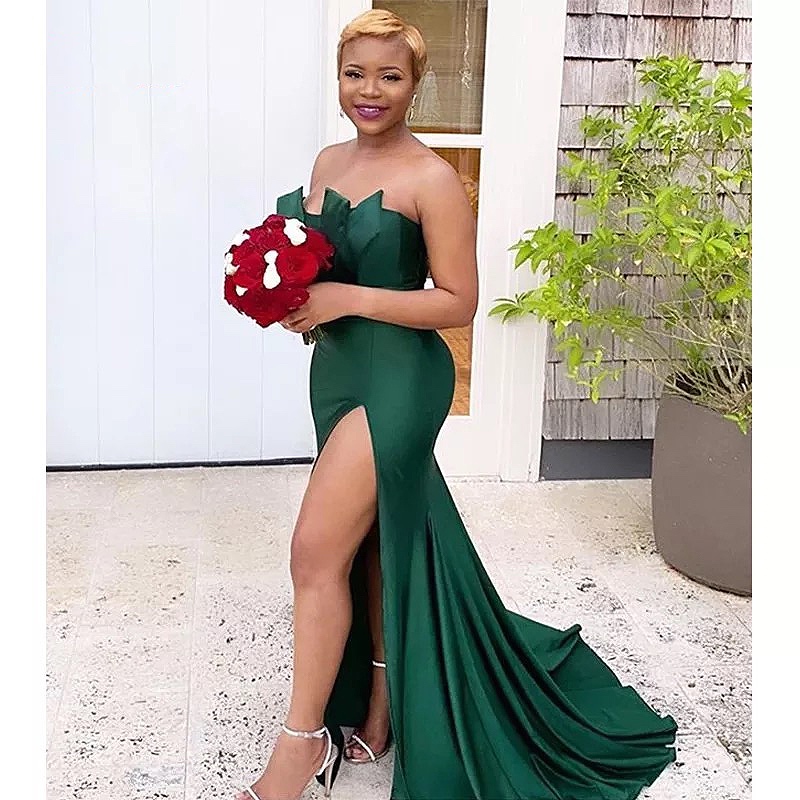 Dark Green Bridesmaid Dresses Mermaid Slit Satin Silk Maid of Honor Dresses Formal Strapless Wedding Party Gowns African